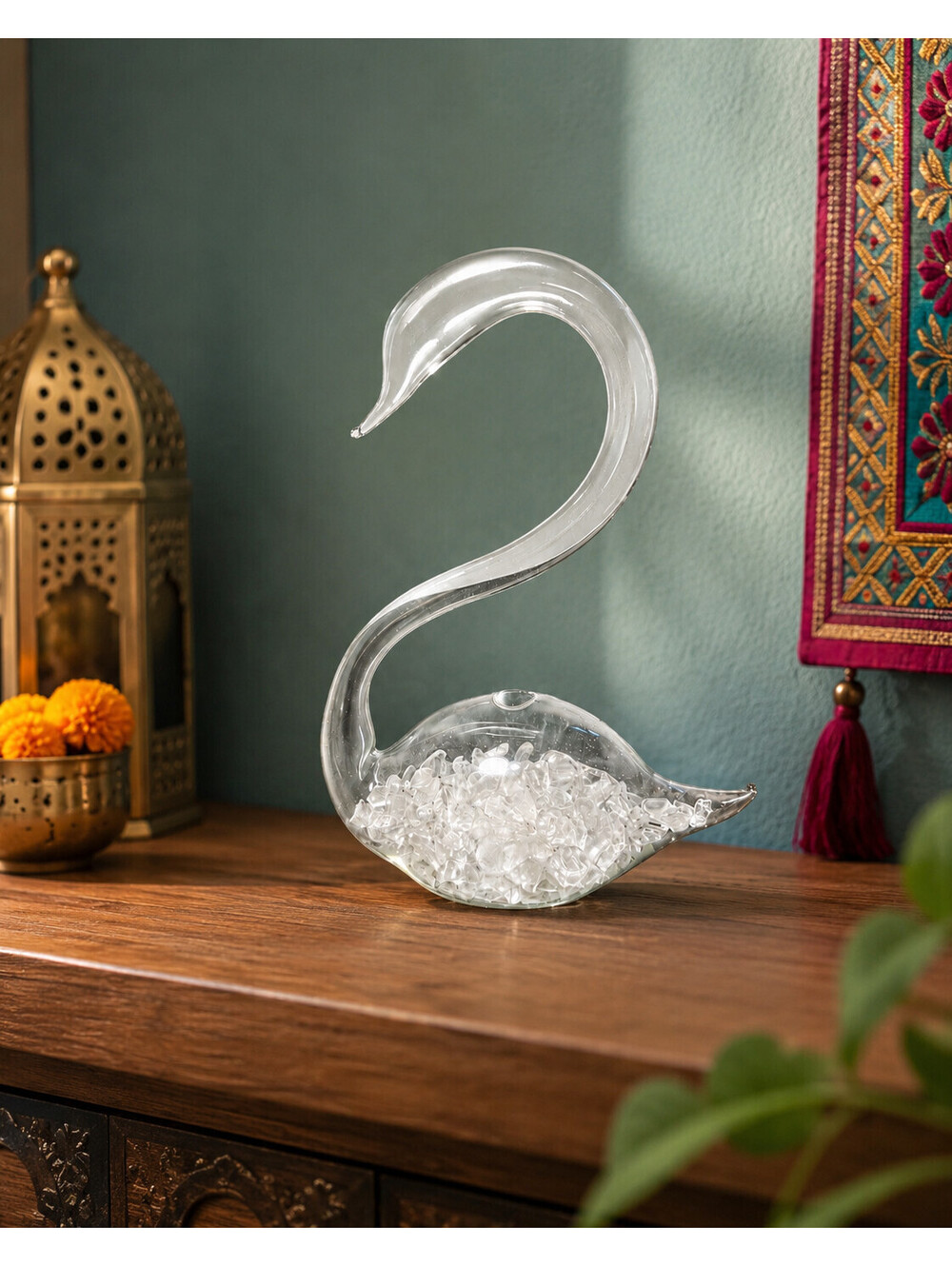 Vintage 1990s Glass Swan Figurine Storm-Glass Style Crushed Glass Fill, 5x7”